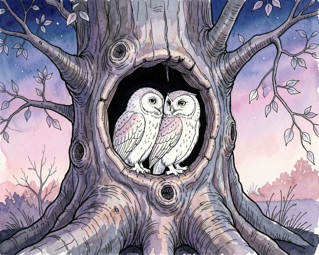 A pair of owls nestled in a hollow tree at twilight, the natural world carrying on undisturbed around them.