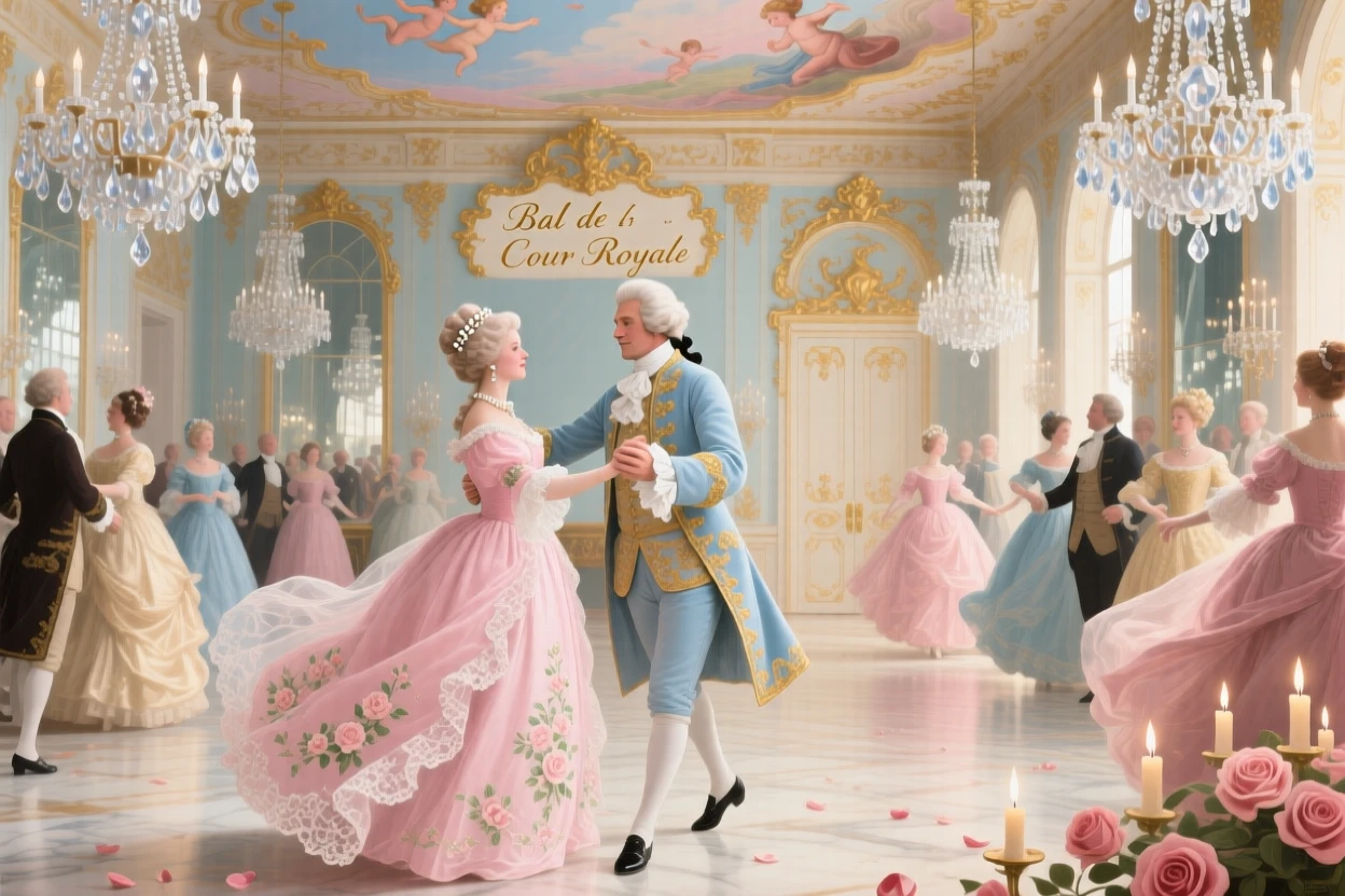 A grand ballroom dance led by a royal couple beneath crystal chandeliers  