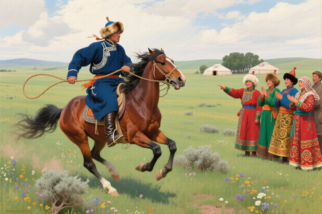 A Mongolian horseman galloping across the open steppe at full speed, as onlookers in traditional dress watch the scene unfold, celebrating the rich diversity of world cultures and traditions