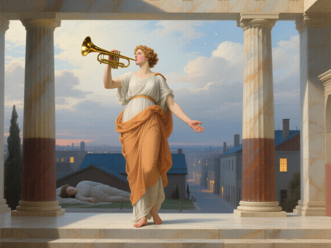 A figure of Fame sounding her trumpet over a sleeping city in a gesture that speaks to all of humanity, set within a classical temple open to the heavens, with contrasting elements of darkness and radiance framing the scene; a triangular arrangement lends the scene classical stability and gravity, filled with quiet reverence for forces greater than ourselves.