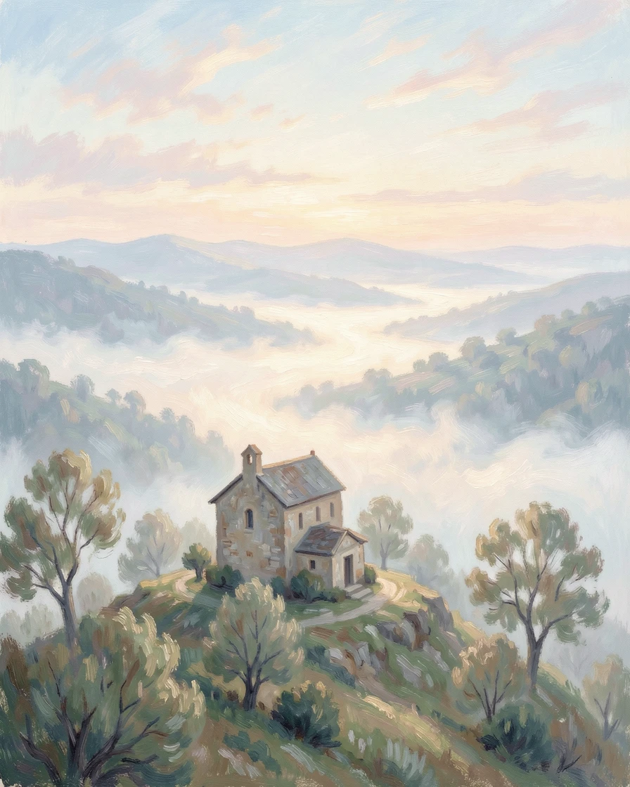 A remote hilltop chapel overlooking a valley blanketed in morning fog, evoking a sense of peace and quiet wonder.