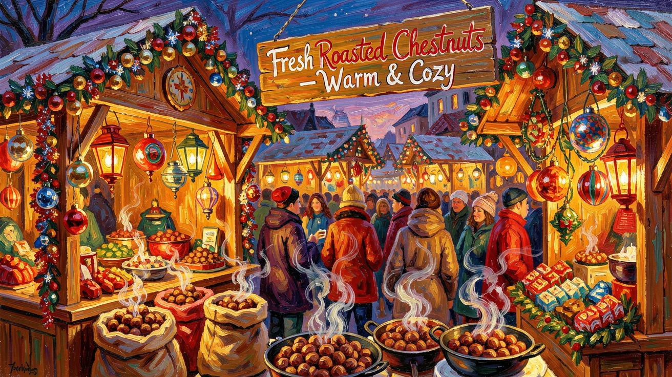 A busy holiday market with stalls of ornaments, roasted chestnuts, and glowing lanterns.
