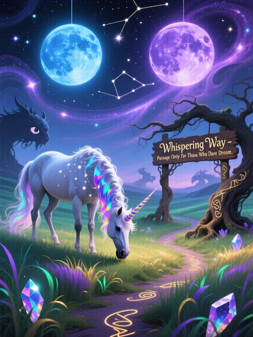 A unicorn grazing quietly in a meadow lit by twin moons guards a hidden path that few have ever found, as the whole scene glows faintly under a starlit sky.