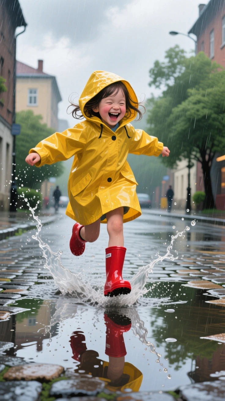 A joyful young girl in a bright yellow raincoat jumps into a puddle on a rainy street, water splashing up around her rubber boots, the moment feeling candid and intimate rather than posed or staged.