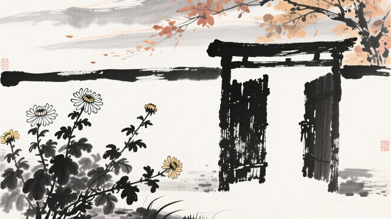 Chrysanthemums bloom late into the season beside a quiet garden gate, beneath a sky streaked with the colors of late autumn.