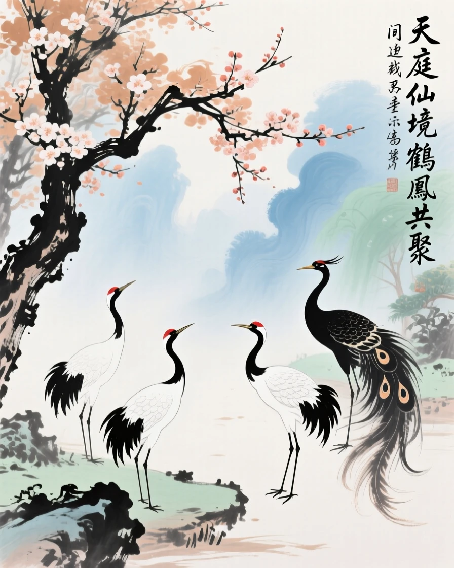 A heavenly garden where cranes and phoenixes gather beneath blossoming trees, through swirling morning fog, in the last golden light of day.