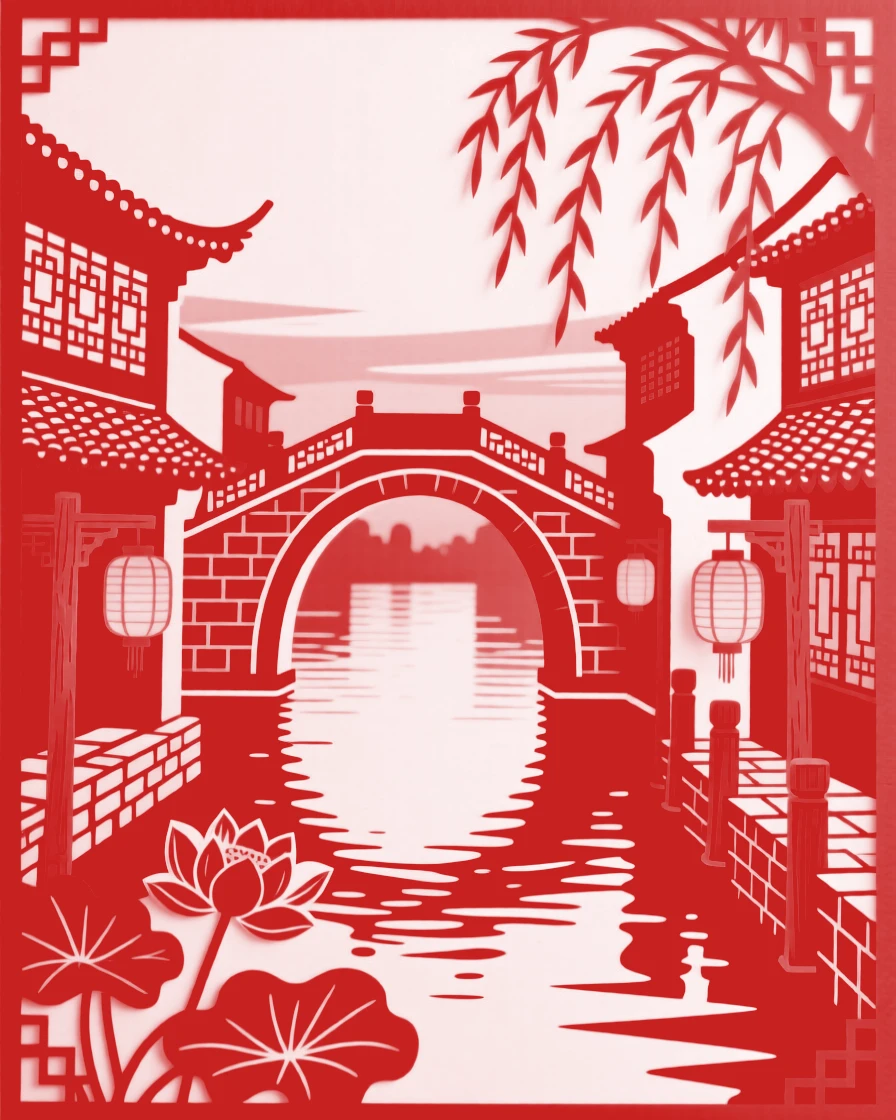 A quiet canal town at dusk, stone bridges arching over the water, lanterns beginning to glow along the banks
