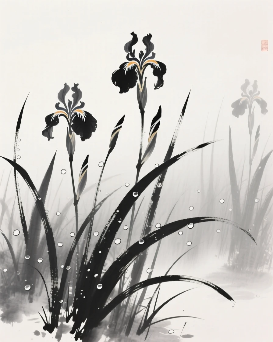 A field of wild irises beneath a light dusting of morning dew, set against a soft gradient of misty background, evoking quiet elegance and simple grace.