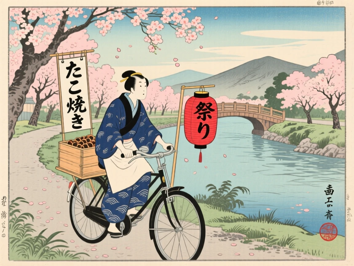 A street food vendor riding along a scenic cherry-lined riverside path.