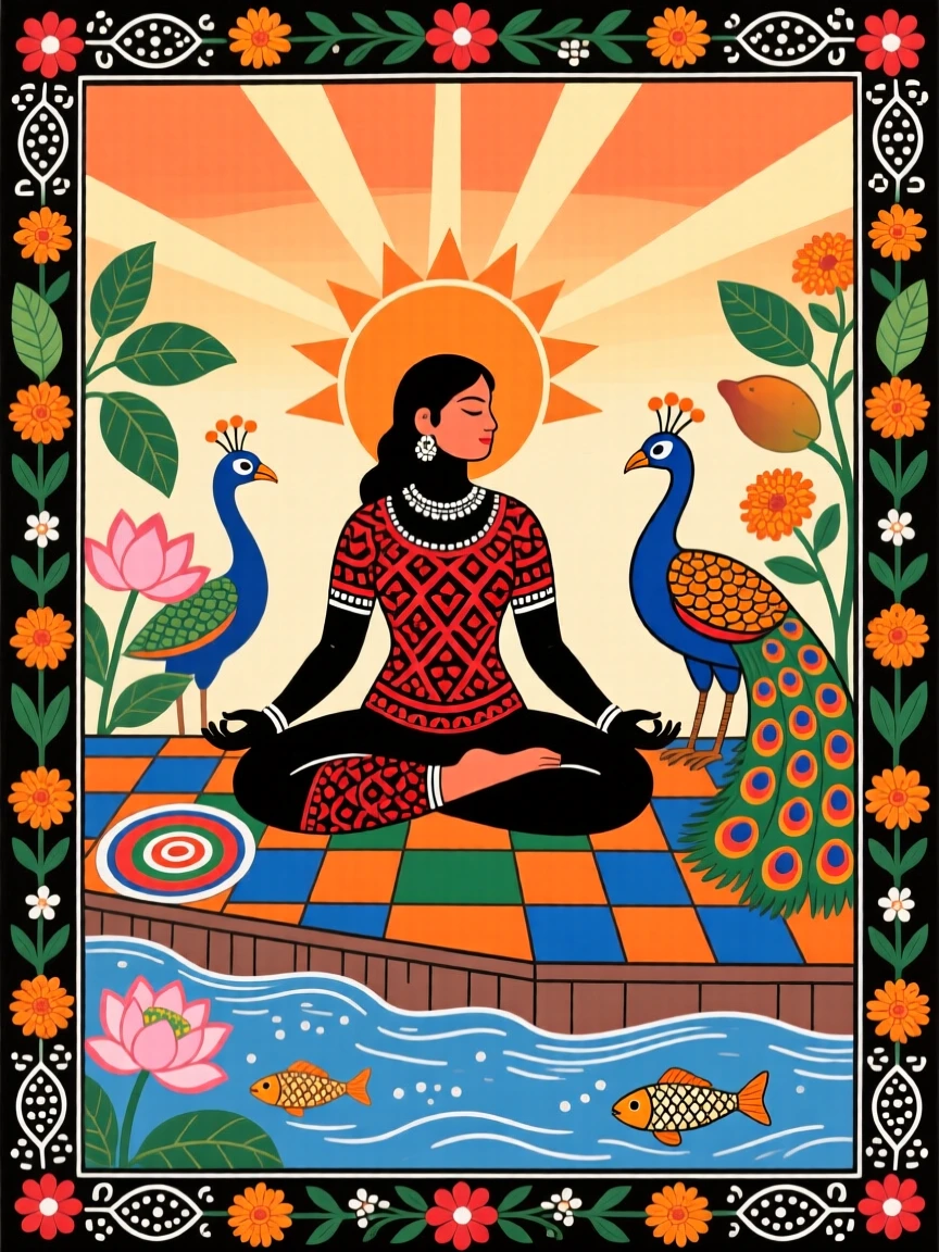 A woman practicing yoga on a riverside terrace at dawn.