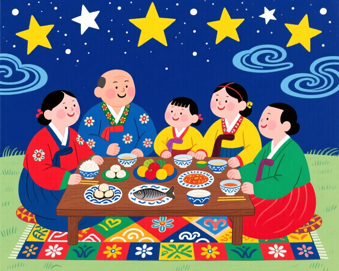 A family gathered around a table for a holiday feast, under a starlit sky.