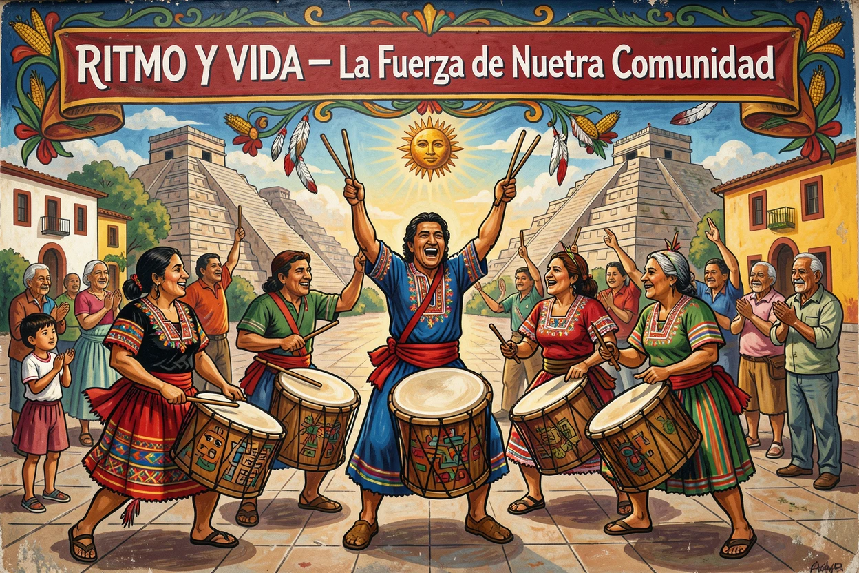 A group of drummers performing a rhythmic celebration