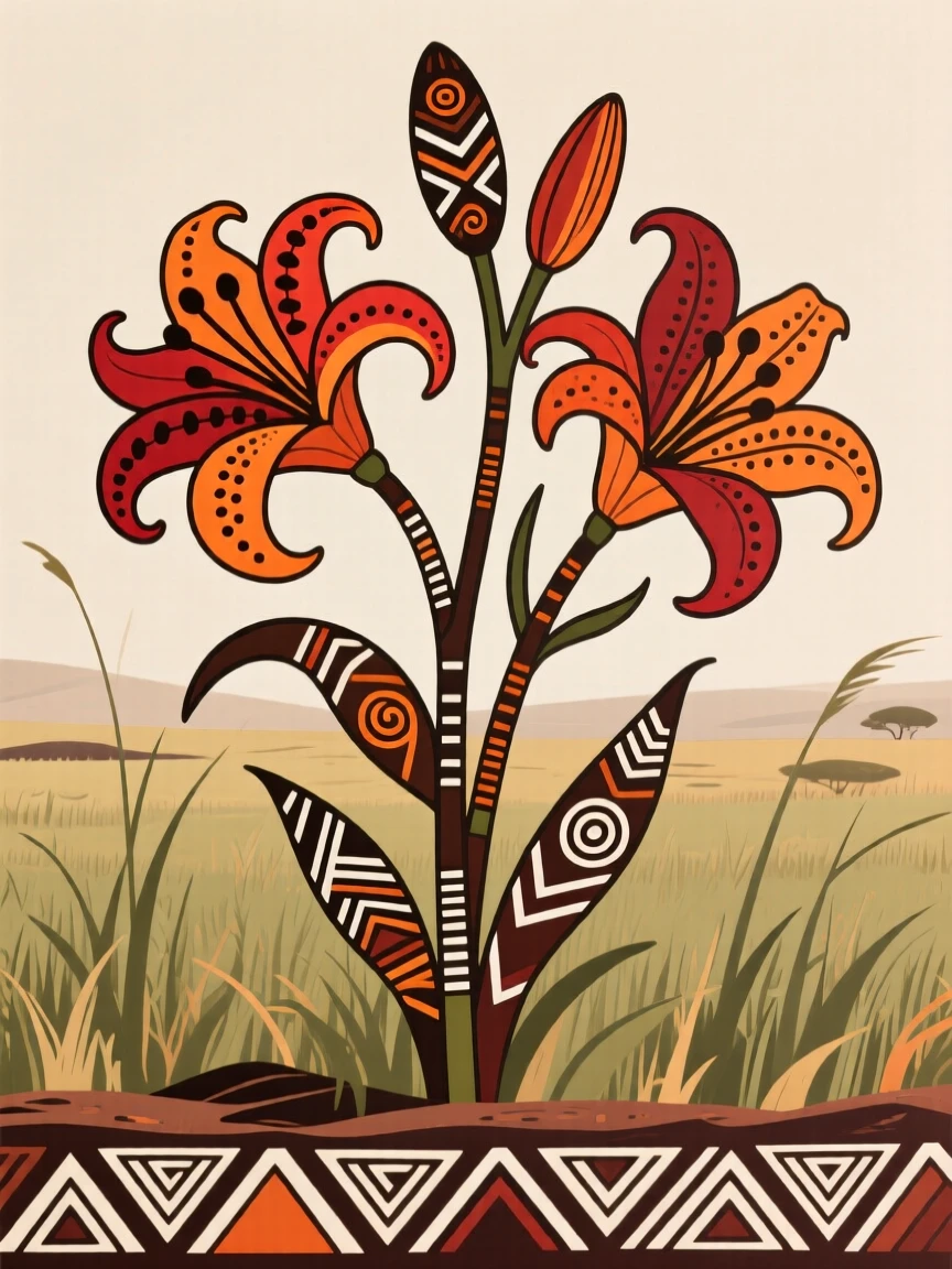 A patch of blooming flame lilies standing tall over the surrounding grassland.