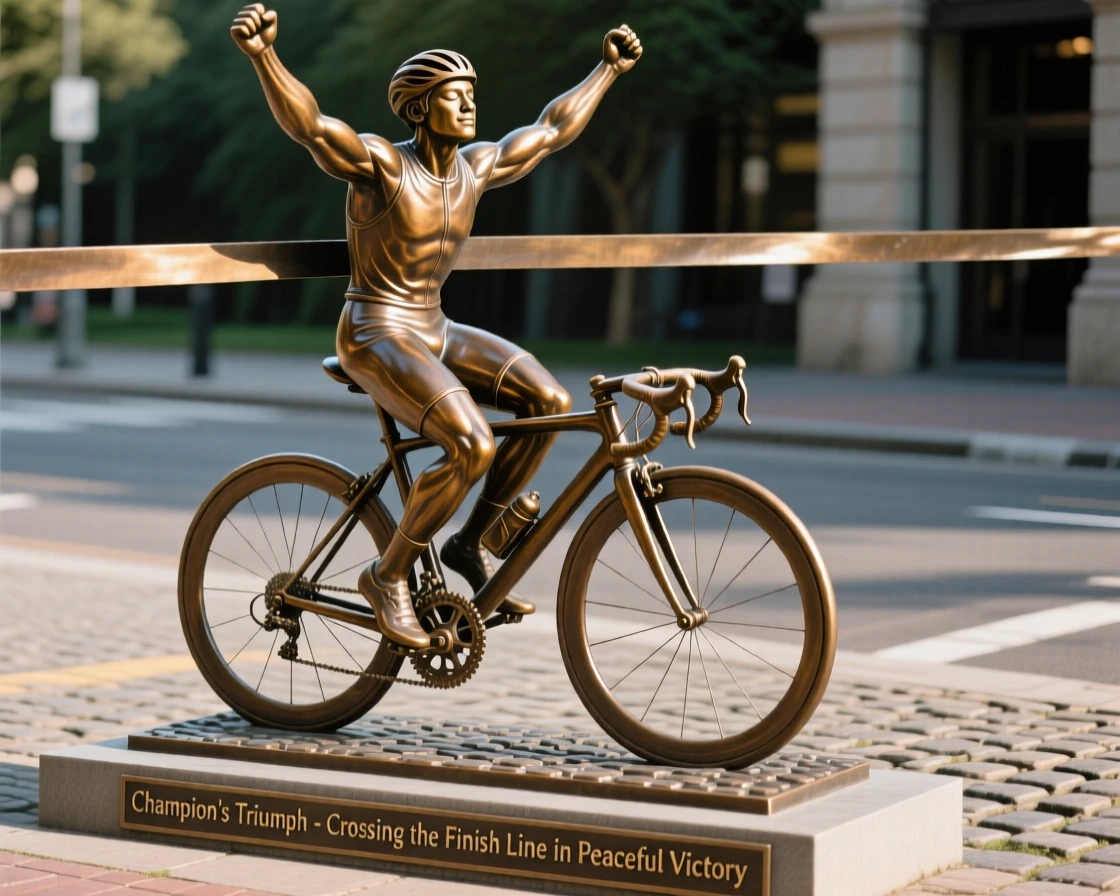 A champion cyclist crossing the finish line arms raised, with eyes closed in peaceful serenity, forming a strong central focal point