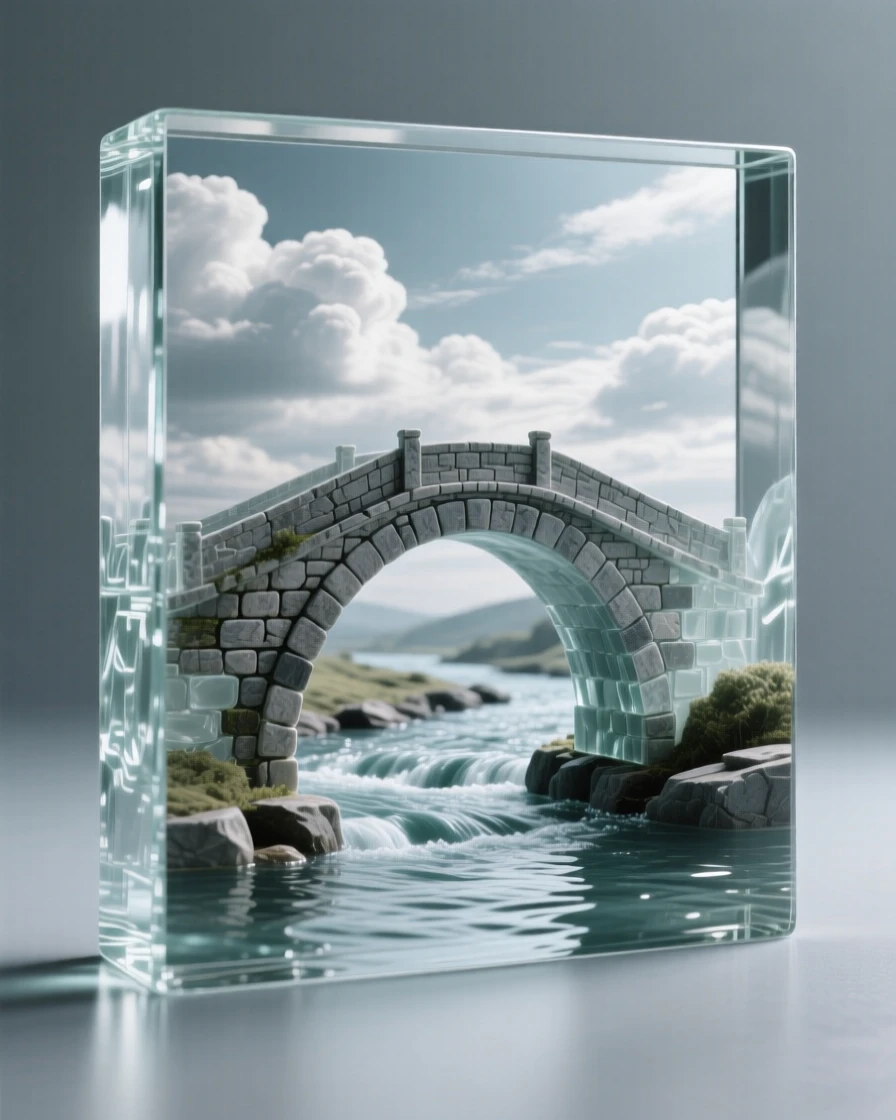 An old stone bridge over a gently flowing river under a dramatic sky with shifting clouds, wide panoramic composition, feeling expansive and awe-inspiring.