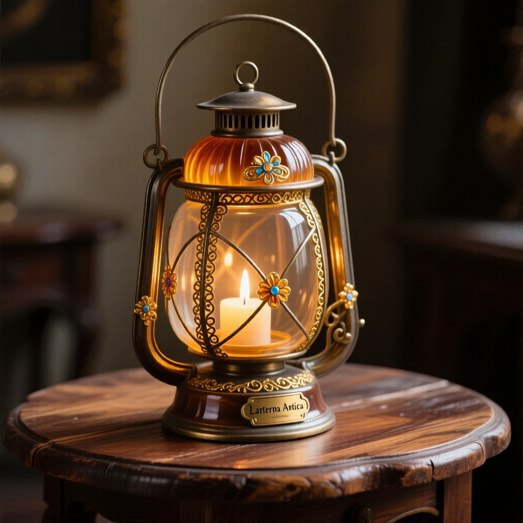 An antique lantern glowing warmly on a rustic wooden table, cozy and inviting.