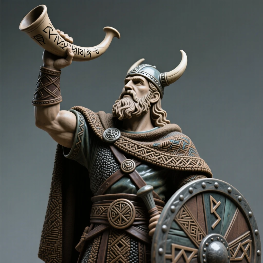 A Viking chieftain raising his horn in toast raising an arm in triumphant gesture, draped in richly embroidered ceremonial cloth, evoking reverence for ancient tradition.