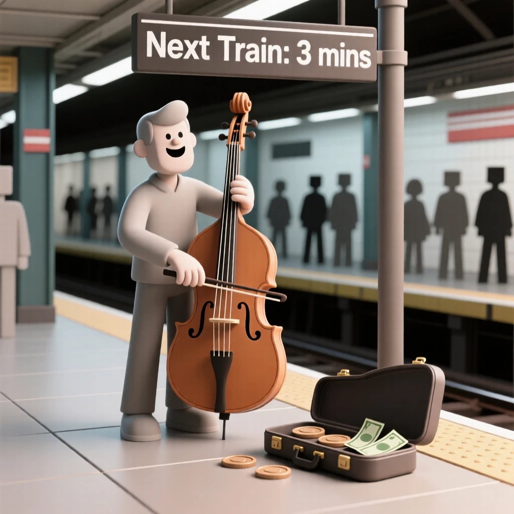 A talented street musician plays an upright bass on a bustling subway platform, case open for tips.