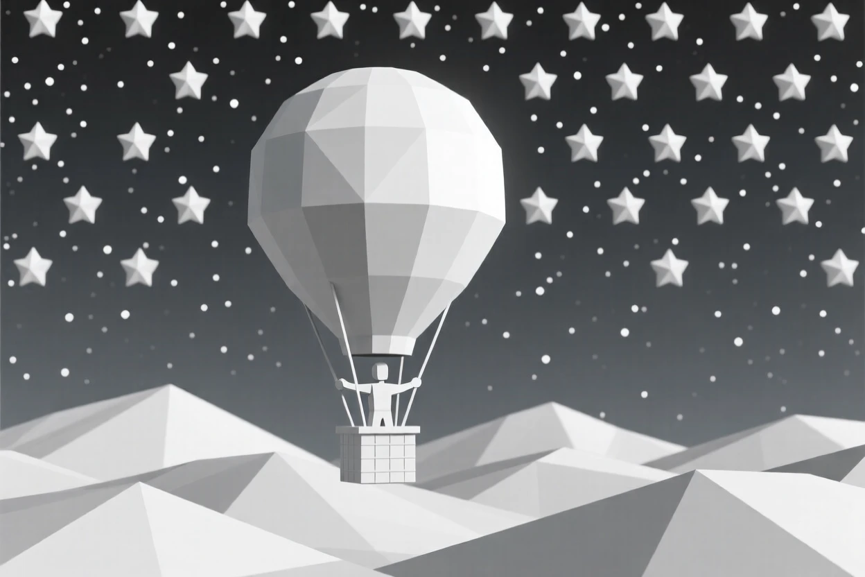 A hot air balloon pilot soaring above rolling hills, beneath a canopy of stars. natural light enhances the vibrant colors of the scene. The moment radiates confidence and joy.