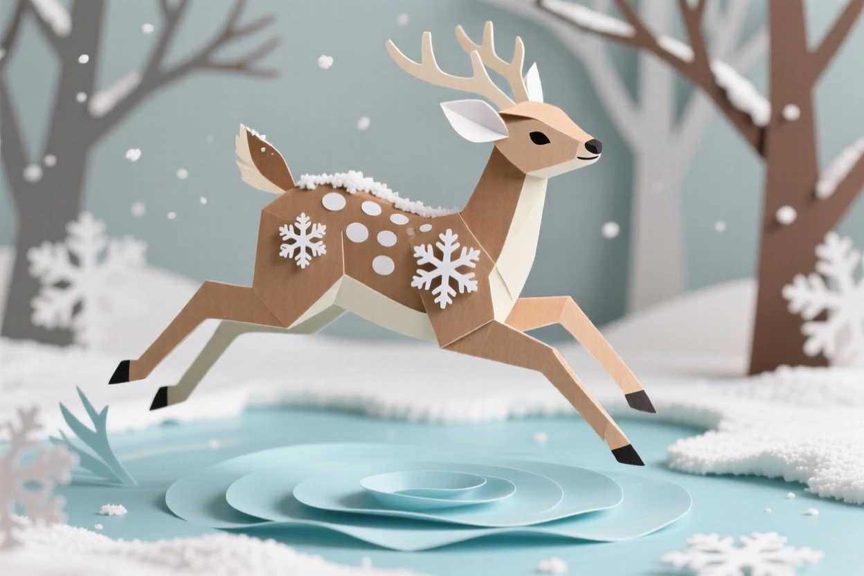 A spotted fawn leaping through shallow water, with fresh snowflakes settling on its coat, evoking tenderness and family bonds.