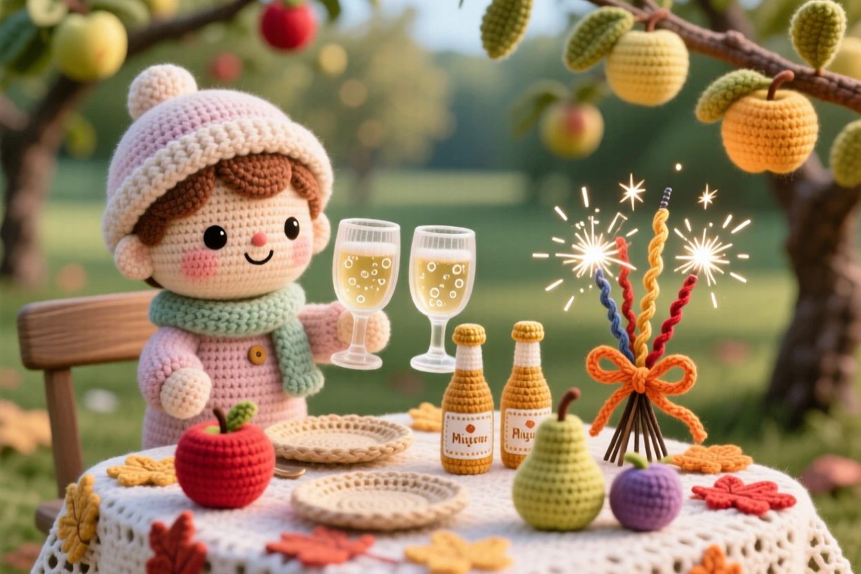 a small child holding sparkling cider glasses, for a family toast, is shown celebrating together at a festive table in a quiet orchard heavy with ripening fruit beside a bundle of sparklers ready to light, capturing playful delight in seasonal change.