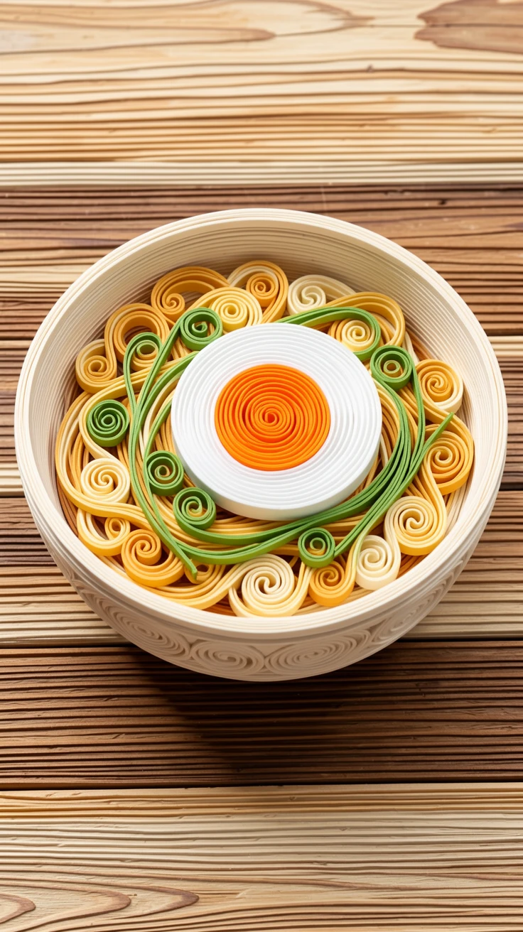 a bowl of ramen with soft-boiled egg and scallions, on a rustic wooden farmhouse table, composed with warm, inviting close-up framing, in bright, cheerful pastel colors.