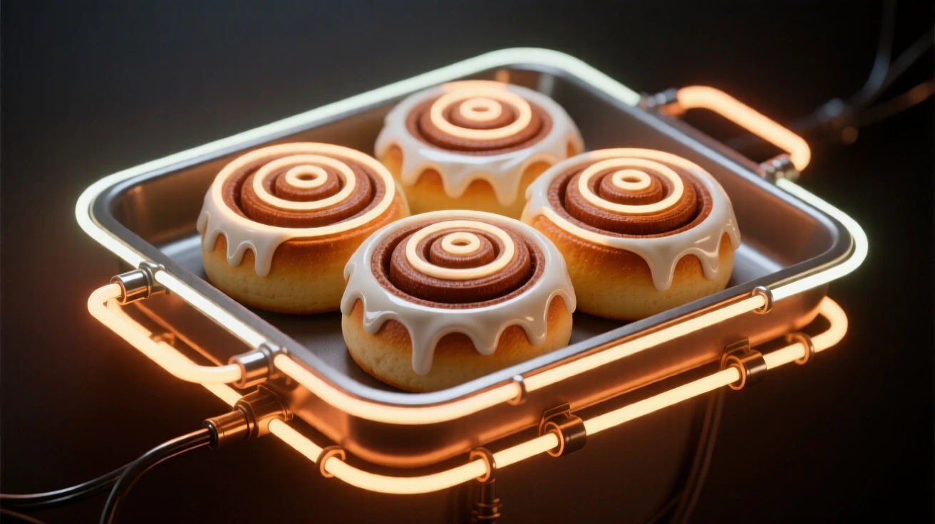 A pan of freshly baked cinnamon rolls covered in icing.