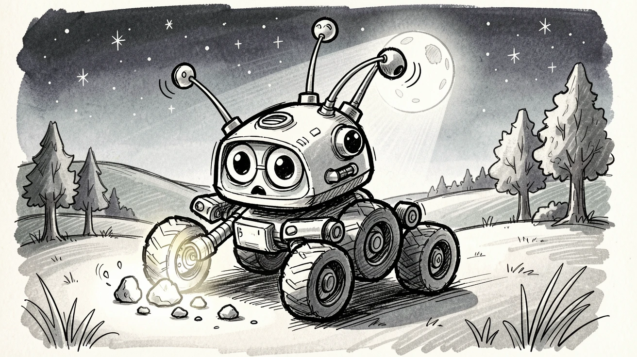 An alien-friendly rover collecting moon rocks above a quiet countryside at midnight.