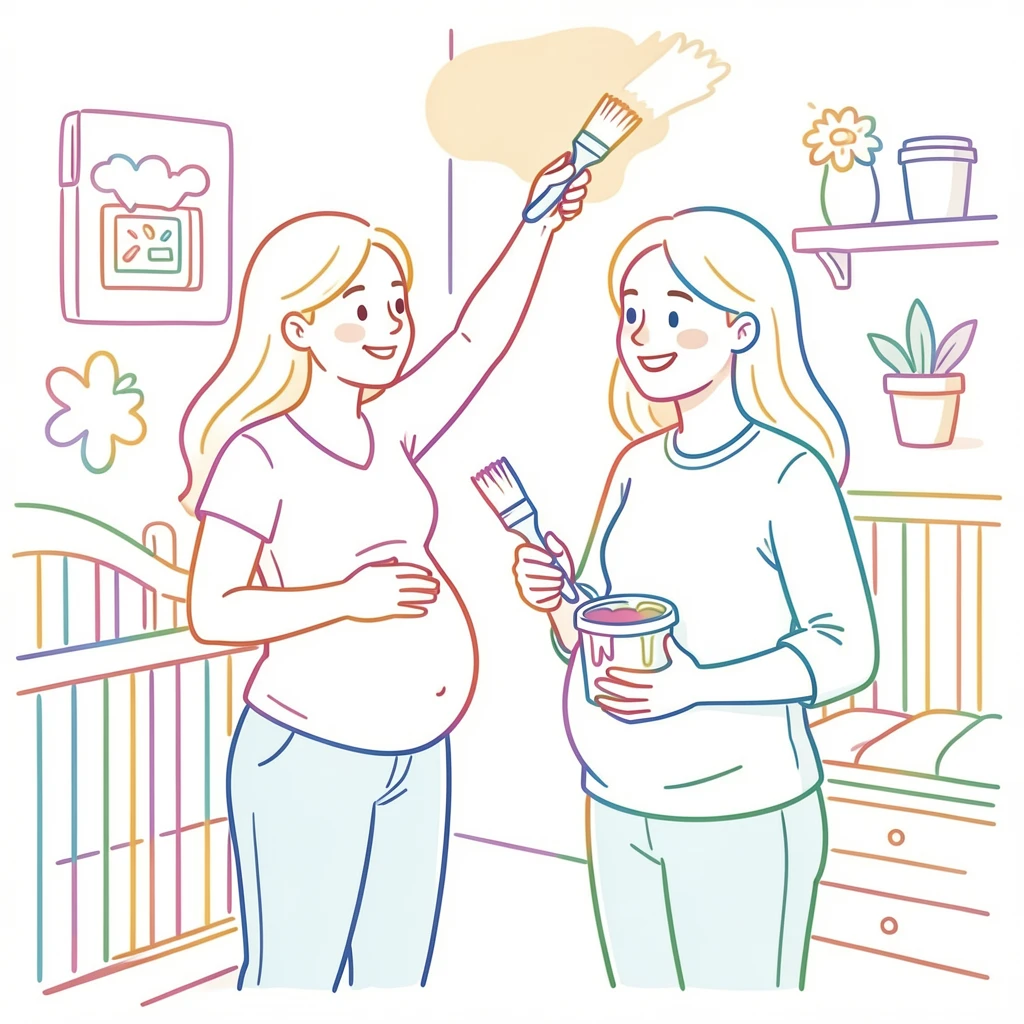 A pregnant woman and her partner painting a nursery together.