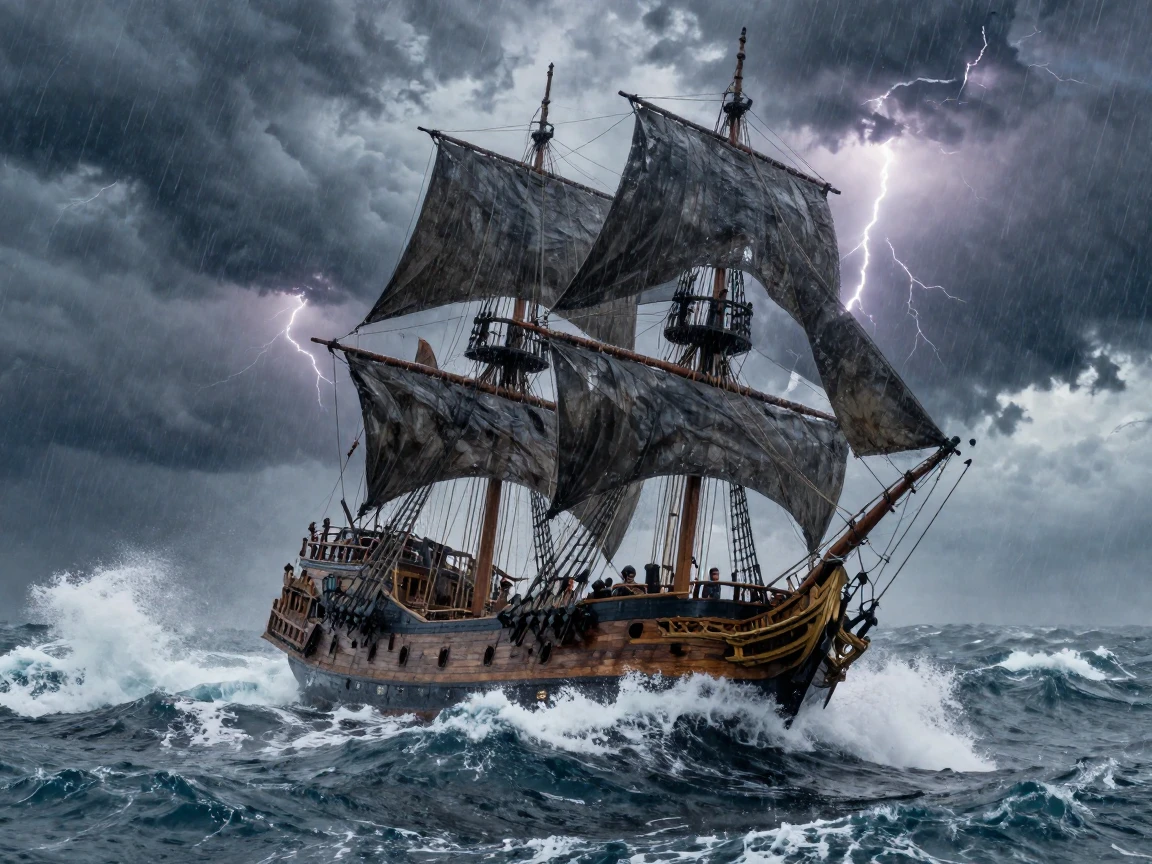 A pirate ship sailing through a stormy sea
