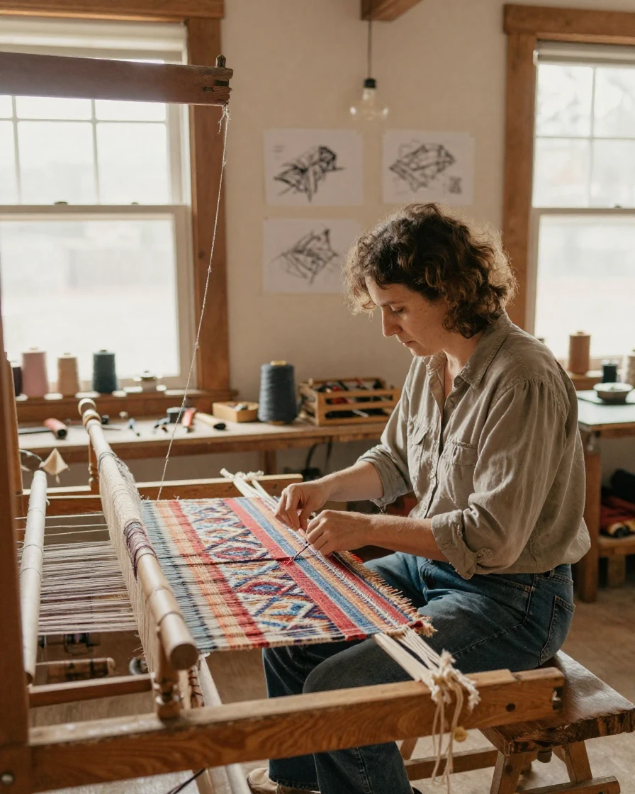 A rug weaver ties knots by hand on a large loom in a sunlit workshop.