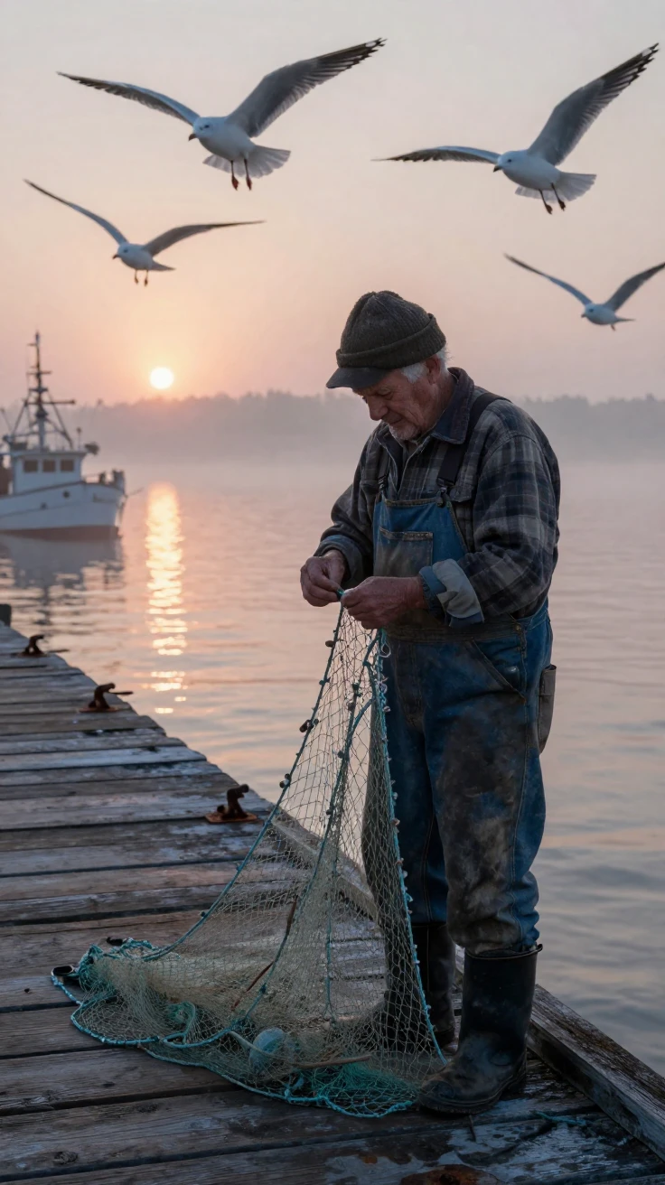 An elderly {nat} fisherman mending his nets on a weathered dock as gulls circle overhead at dawn
