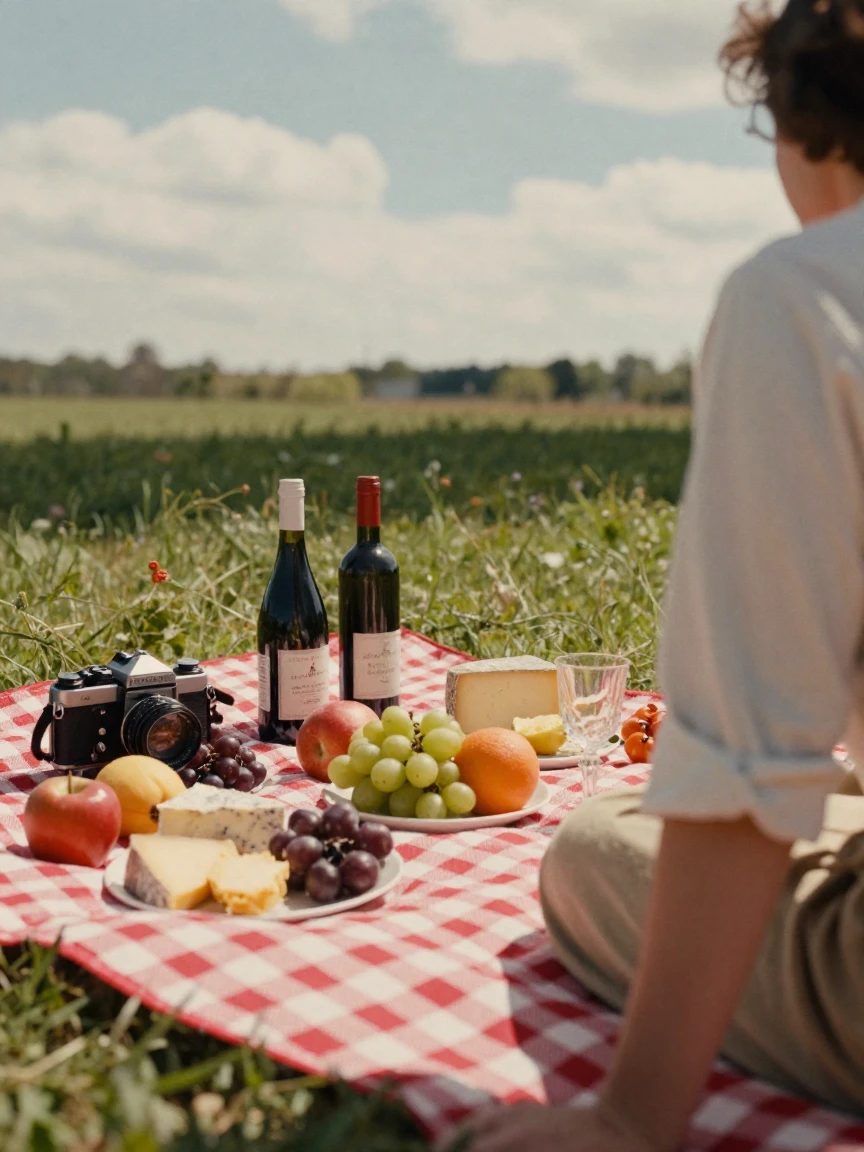 A picnic spread of fruit, cheese, and wine on a checkered blanket, in warm morning light, under scattered clouds, in early spring, with muted olive and rust colors, over the shoulder of the main subject.