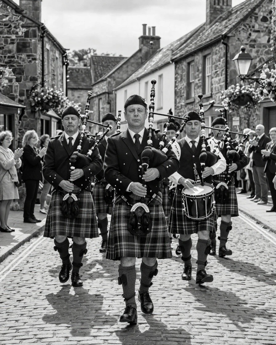 Men in traditional kilts parade through the village square along a cobblestone highland street.