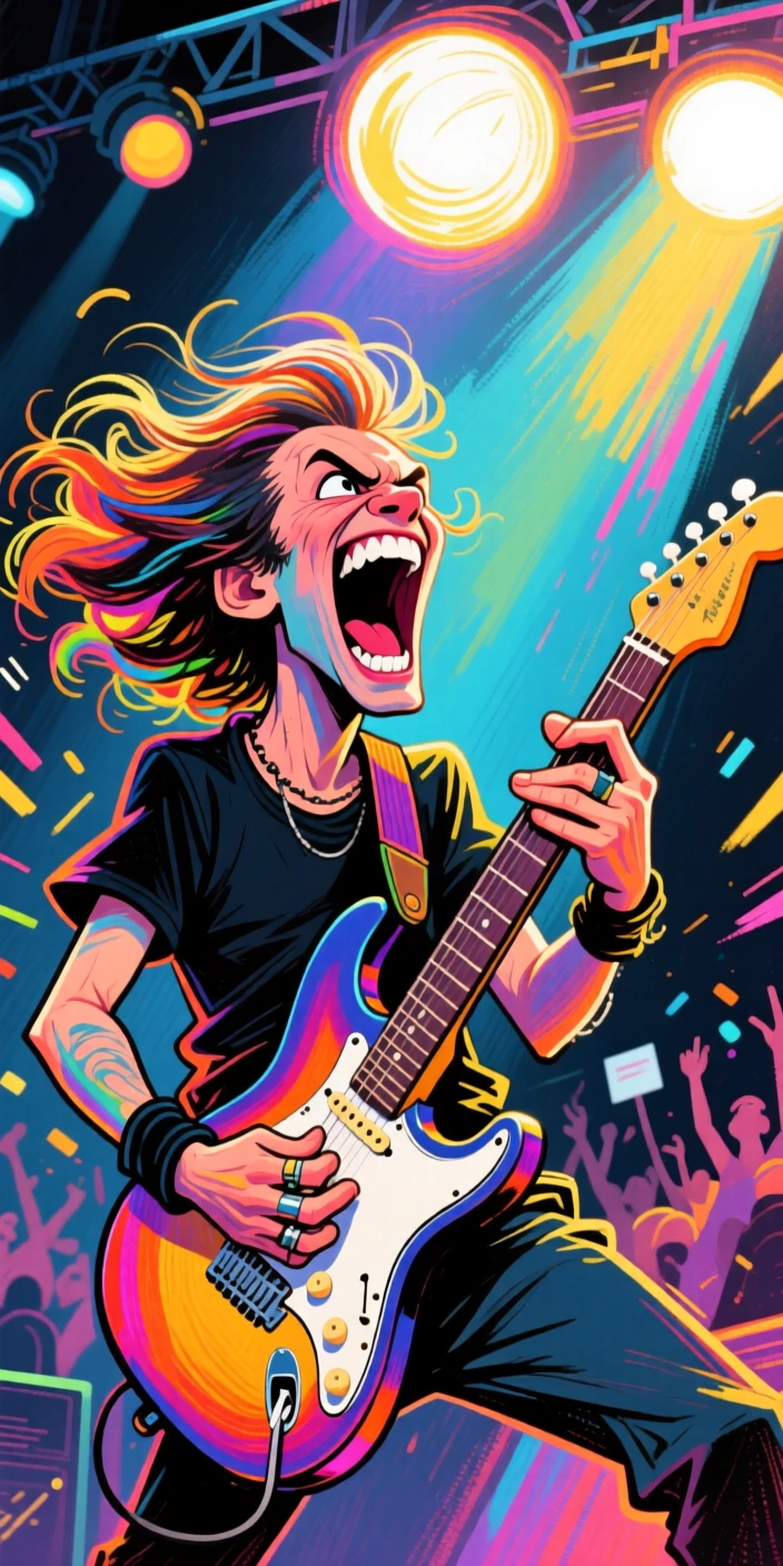 A guitarist shredding an electric solo on stage, hair flying under bright stage lights.
