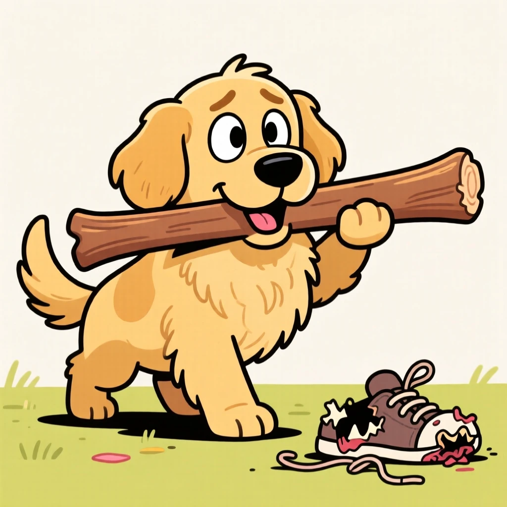 A playful pet moment featuring a fluffy golden retriever proudly carrying a stick twice its size, with a guilty look and a chewed-up shoe nearby.