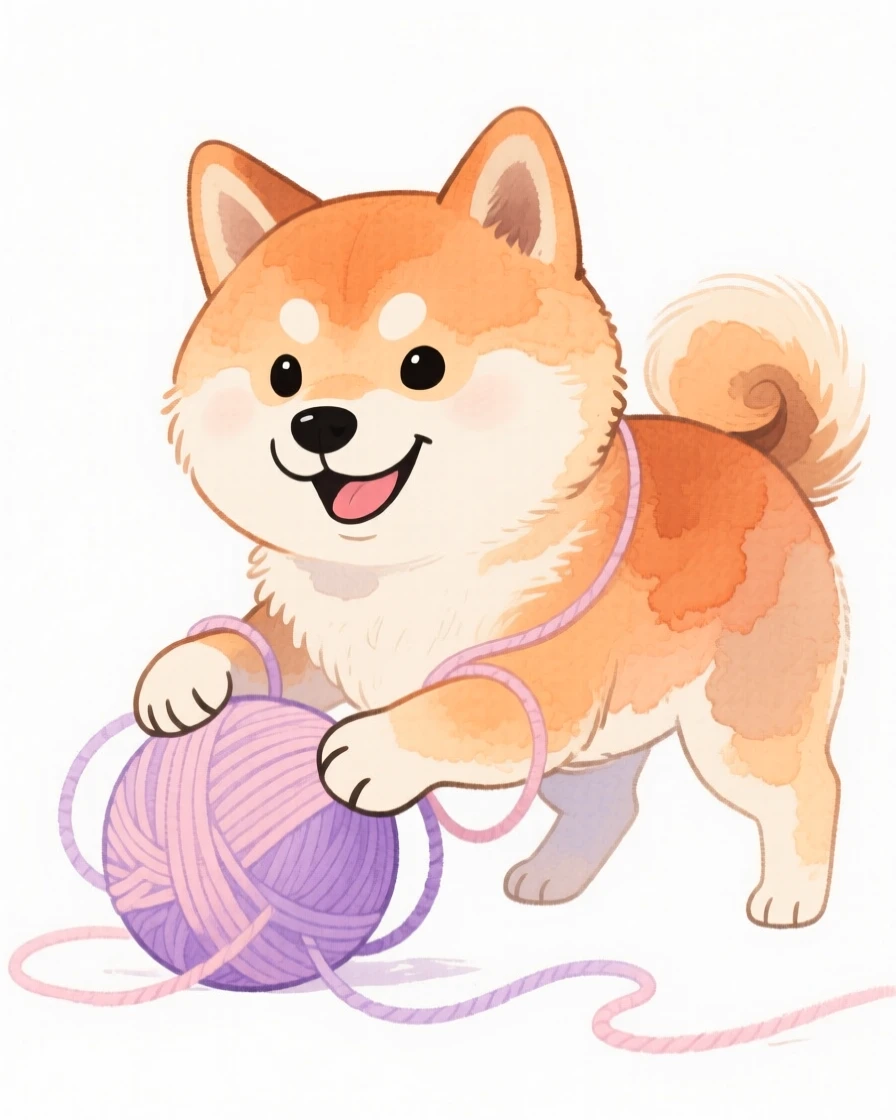 A shiba inu playing with a ball of yarn