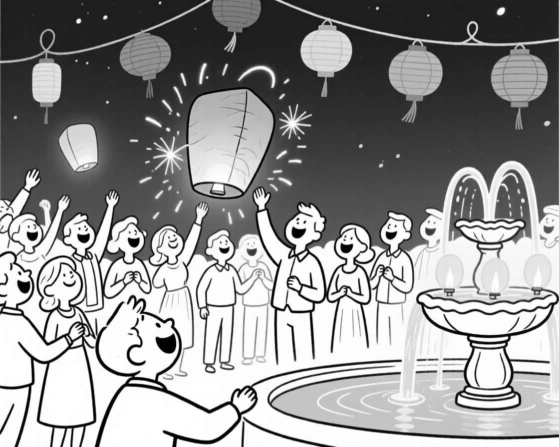 A crowd releasing glowing lanterns into the night sky, giggling as sparks fly in bright arcs, set beneath strings of colorful paper lanterns. Soft lantern light reflects off a nearby fountain. It radiates the timeless magic of coming together to celebrate.
