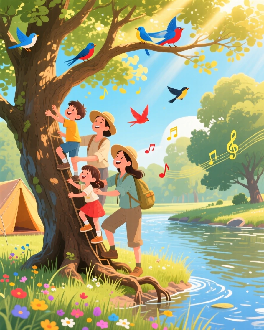 In a sunlit riverbank, a family of campers is climbing an old oak tree to look at the view, with birdsong echoing through the trees.
