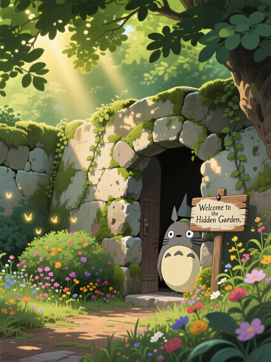 A hidden garden enclosed by a crumbling stone wall, shafts of light breaking through the leaves overhead, creating a scene of quiet natural magic.