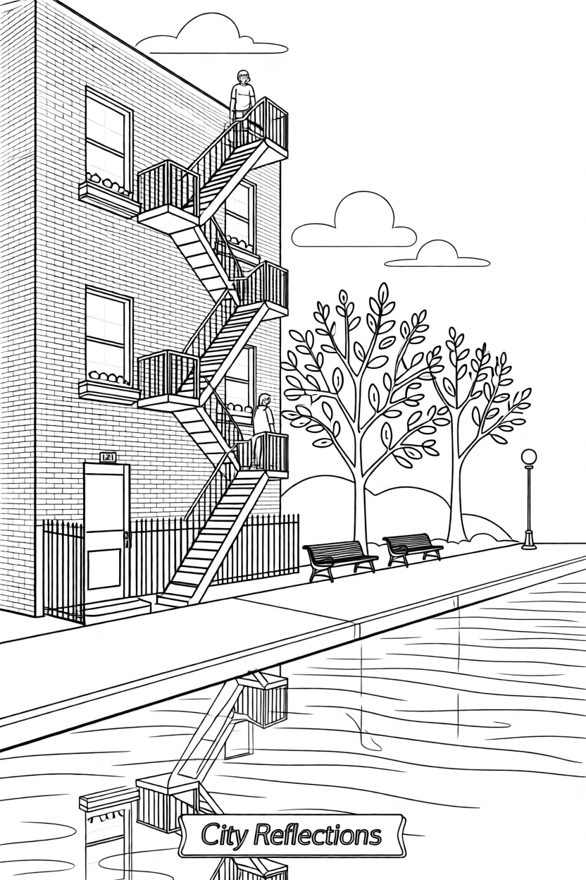 A fire escape staircase zigzagging up a brick apartment building, with a river reflecting the surrounding architecture.