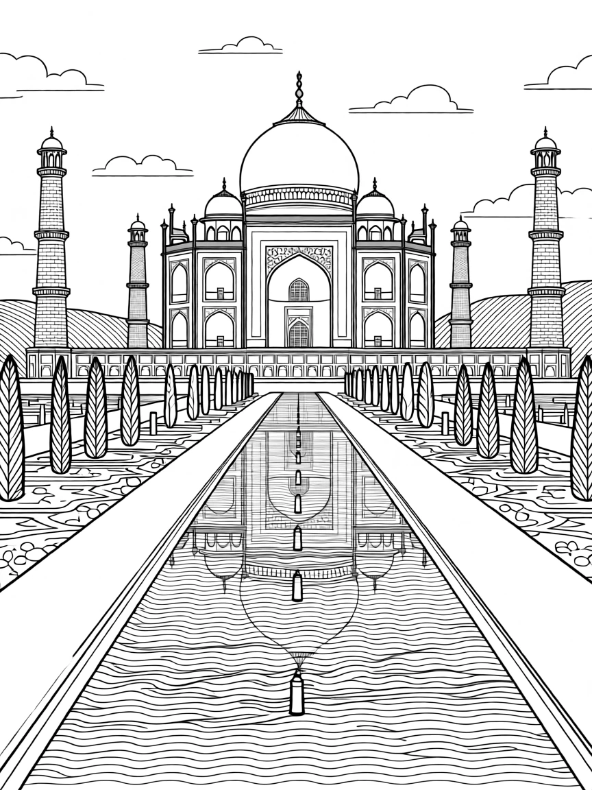 The Taj Mahal reflected in its long garden reflecting pool.