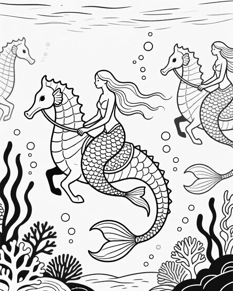 An underwater kingdom with merfolk riding seahorses