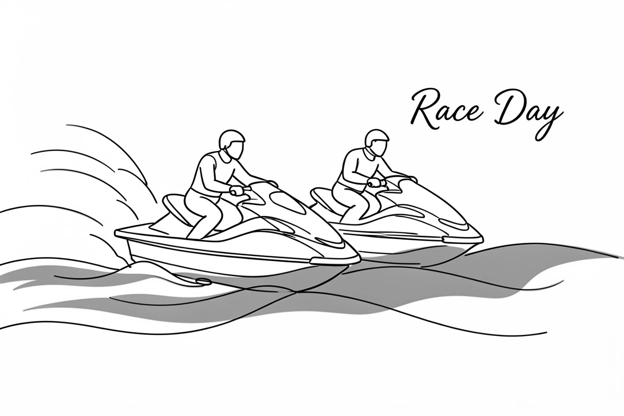 A pair of jet skis racing across open turquoise water