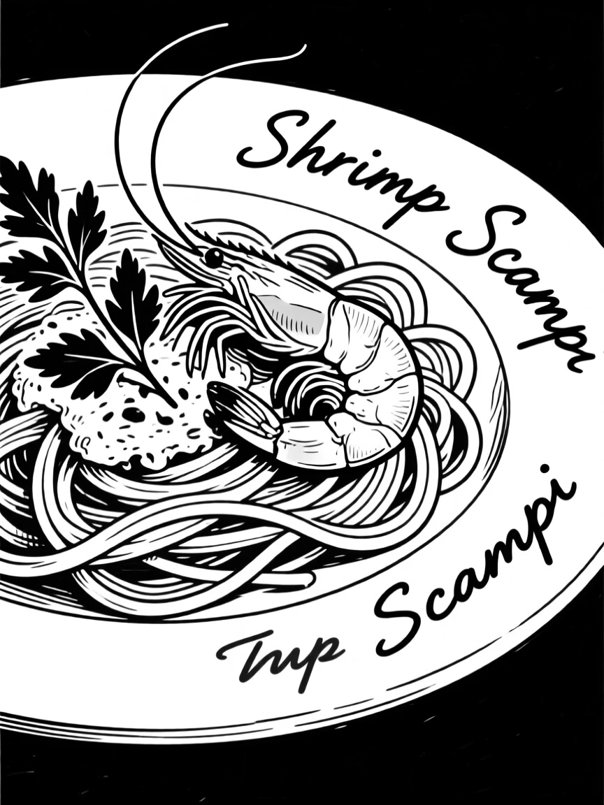 A plate of shrimp scampi over linguine with fresh parsley.