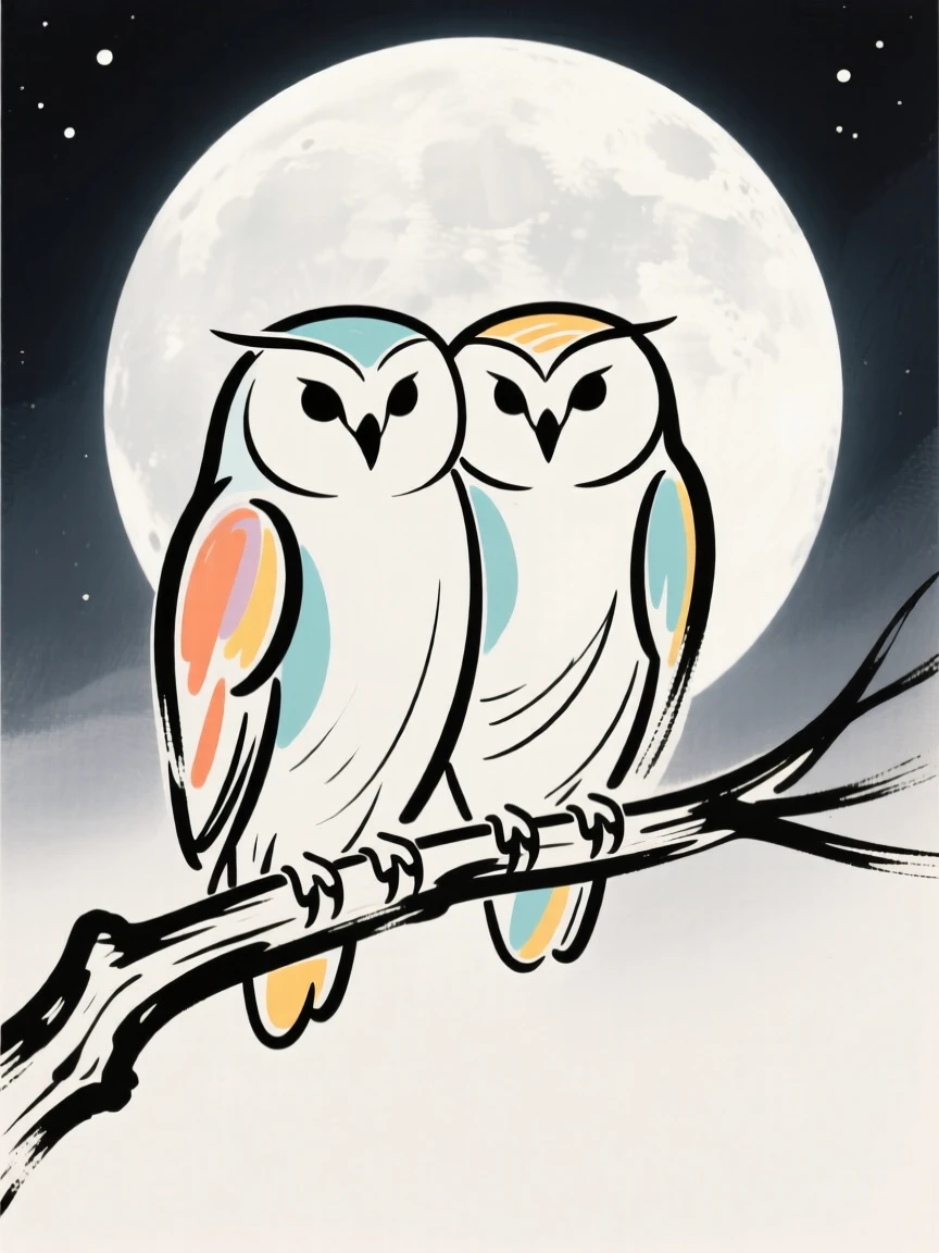 A pair of owls perched together on a branch under a full moon.