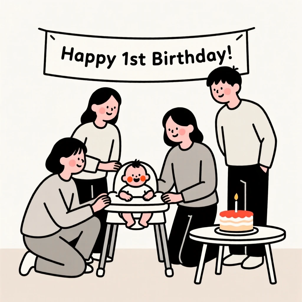 A group of friends celebrating a baby's first birthday.