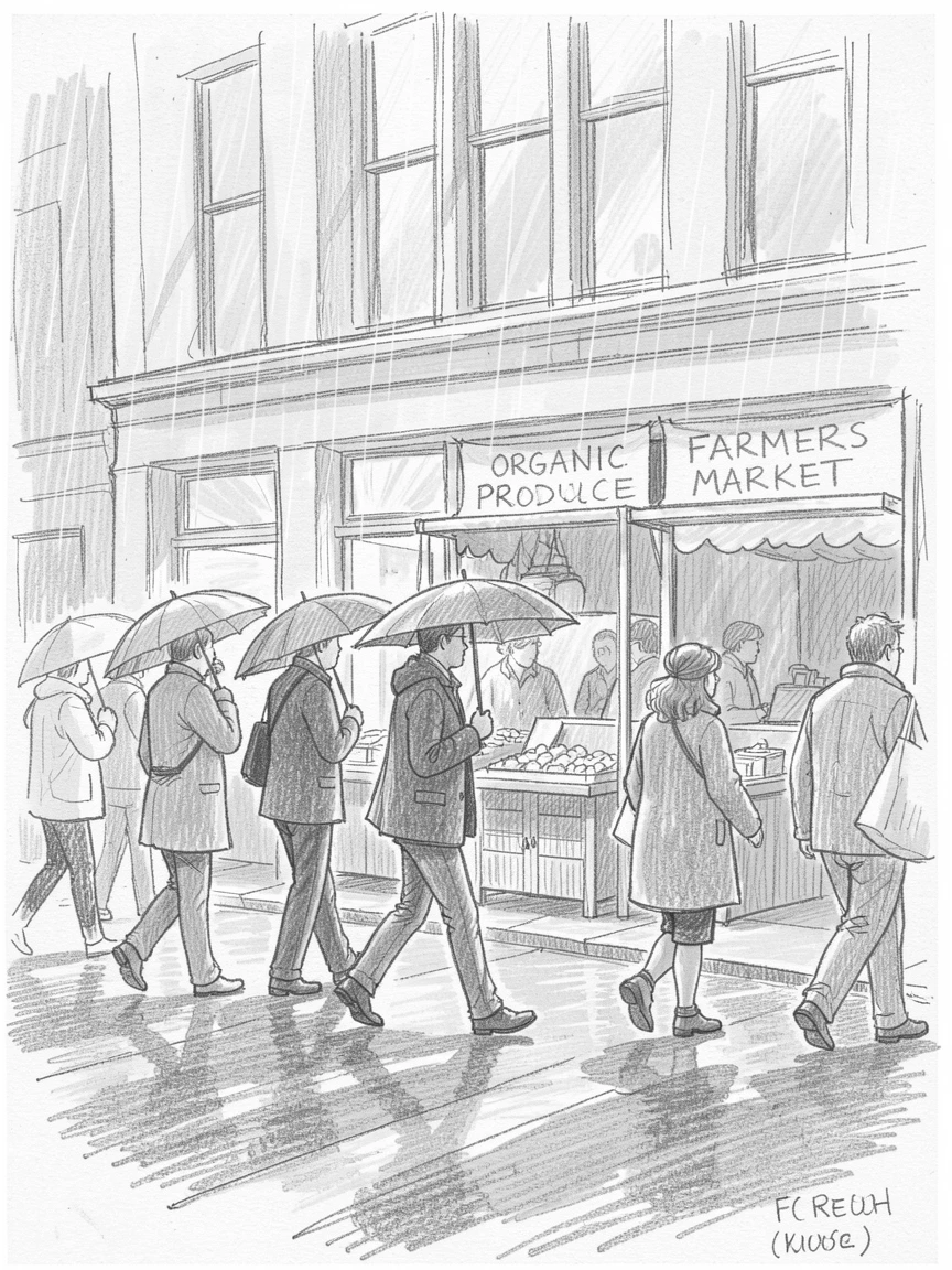 A candid slice-of-life scene of commuters crossing a busy city street in the rain in a sunlit farmers market, with golden morning light streaming through windows.