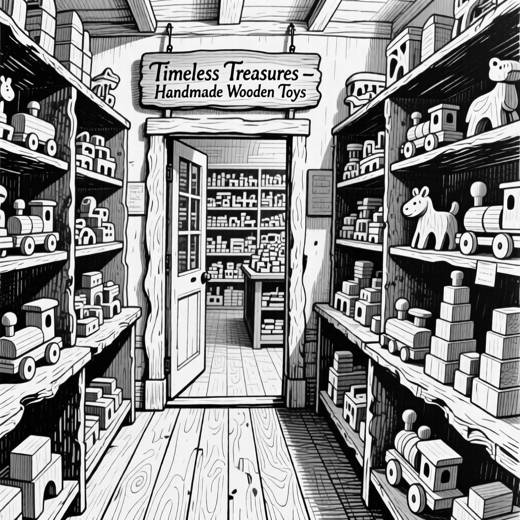 A charming toy shop interior filled with shelves of wooden toys.