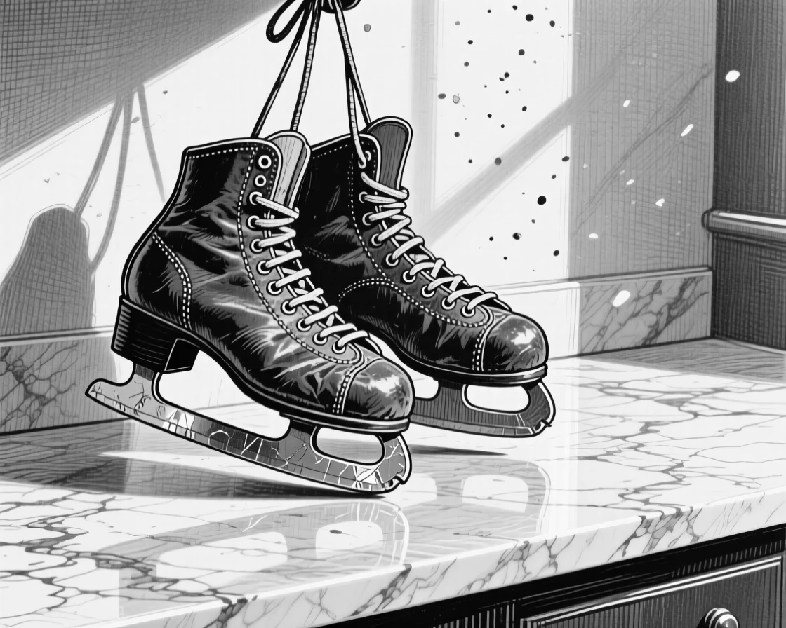 A pair of ice skates hanging by their laces set on a marble countertop, with dust motes floating in a sunbeam, forming a timelessly charming still-life study.